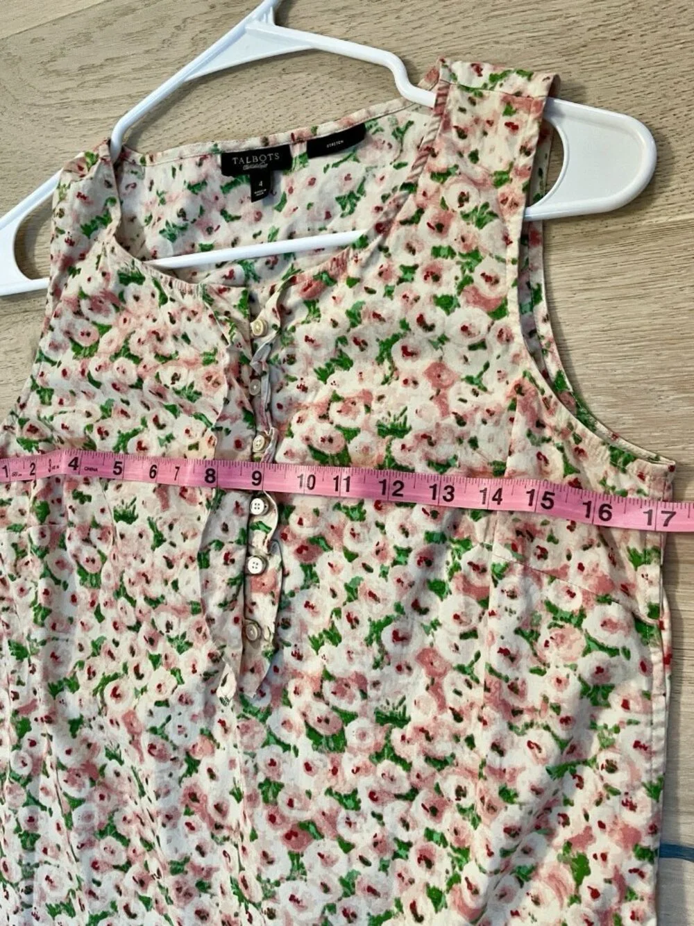 Talbots Stretch Floral Sleeveless Top Smocked Back Girly Ruffle Button Front, 4 - Picture 5 of 6
